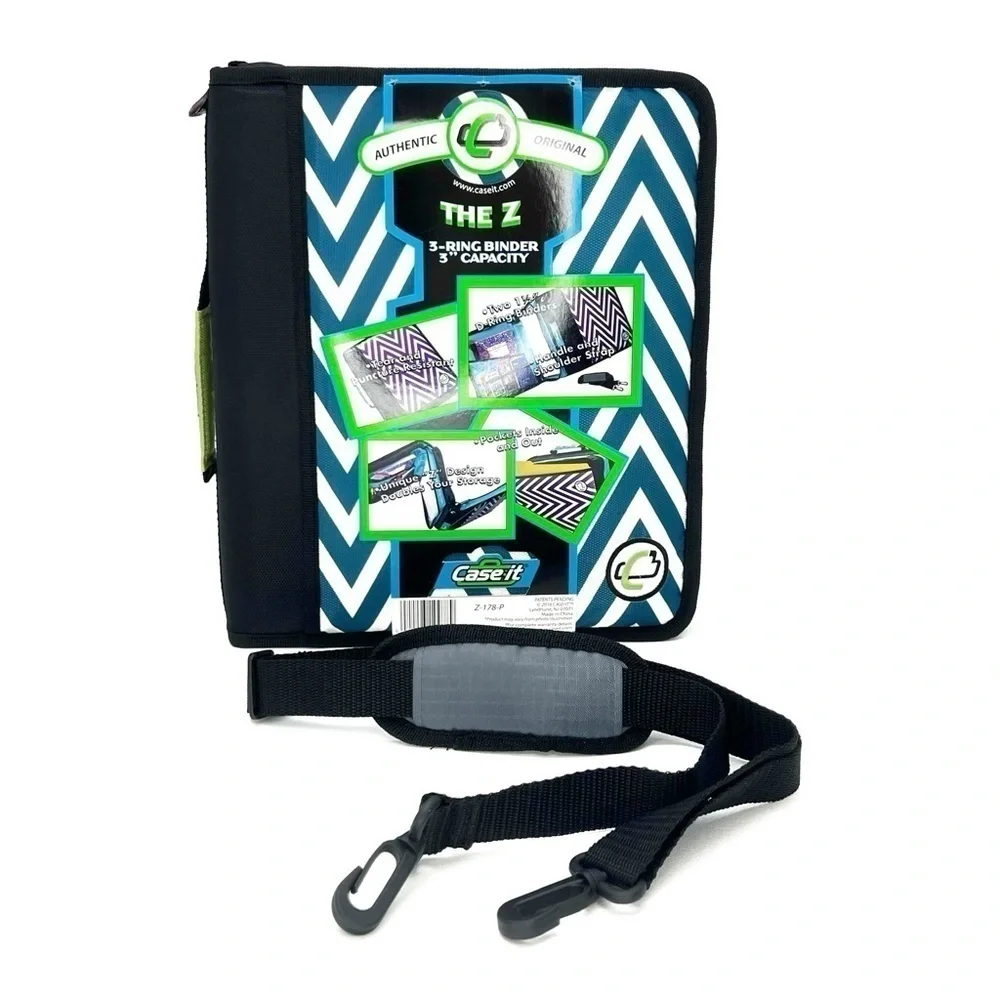 Case-It “The Z” Dual Three Ring Zip Binder Blue & White Chevron Handle Strap NWT